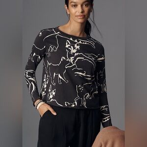 Anthropologie Maeve The Caitlin Boxy Tee Long Sleeve Cat Print